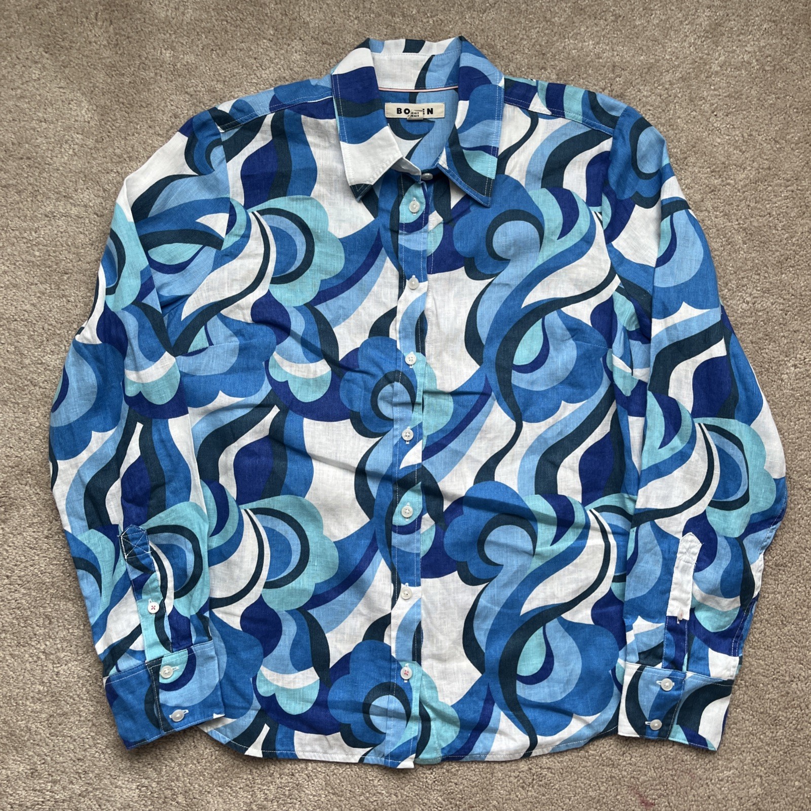 BODEN Sienna Linen Button Up Shirt Womens 12R Blue Geometric Bold Preppy