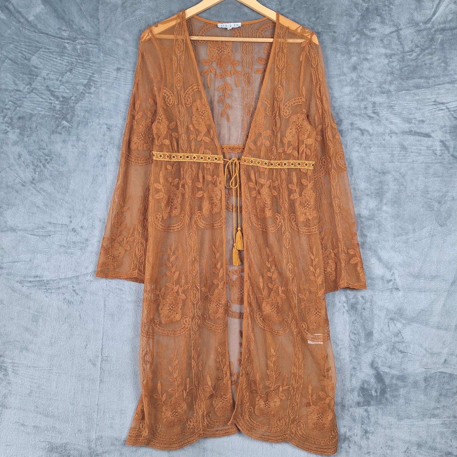 Womens Kimono Medium Festival Floral Lace Long Duster Fairy Sheer Boho Ethereal