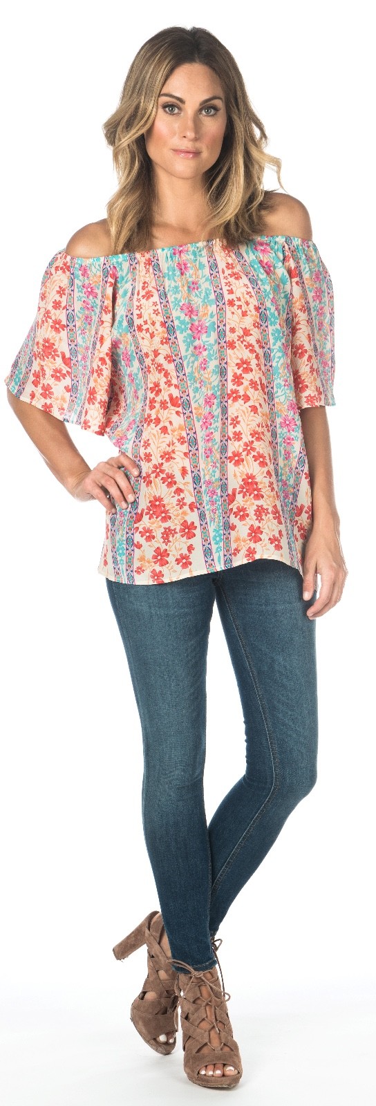 Tolani Maritza Coral/Turquoise Floral Print Silk Off-the-Shoulder Top Sz Large
