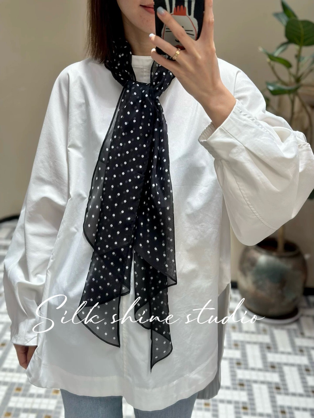 Chic Black & White Polka Dot 100% Silk Scarf -Lightweight 63″x12″ Oblong Summer