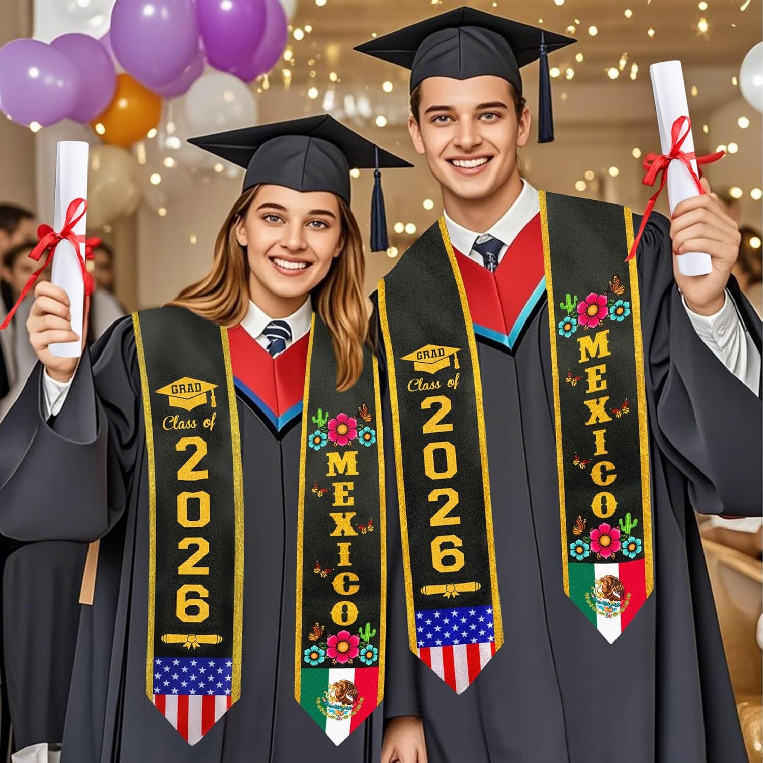 Partyprops Mexican Graduation Stole Class of 2026 Graduation Sash -Double Sided