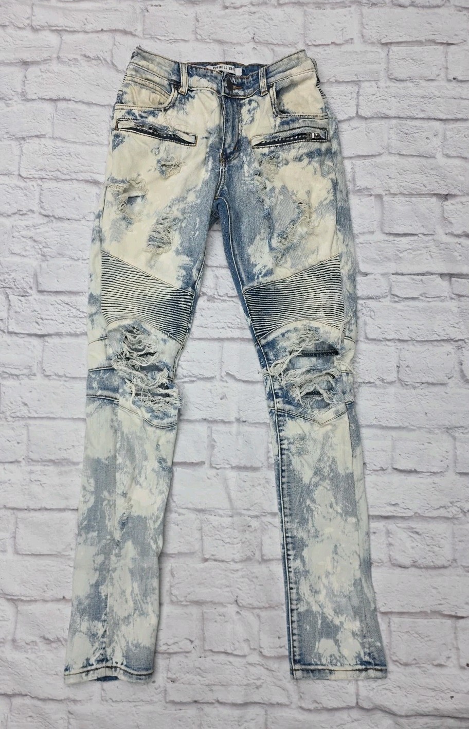 Embellish Moto Jeans Sz 32(28×32) Blue Acid Wash Destroyed Distressed