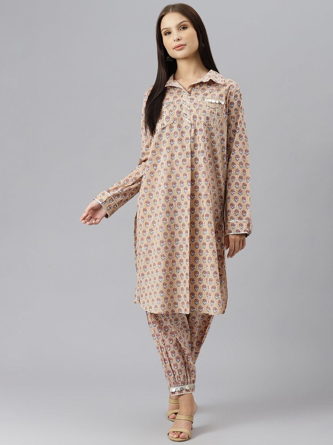 Beige Cotton Shirt Style Kurta Hem Cuffed Pant Co-Ord Set Women Plus Size