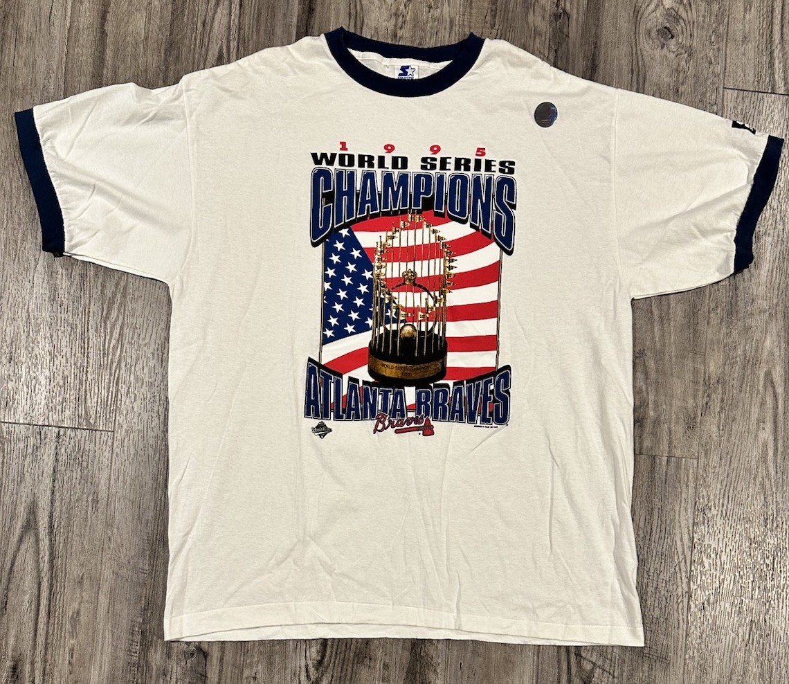 VINTAGE Atlanta Braves 1995 World Series Champions Ringer Starter Shirt Size XL