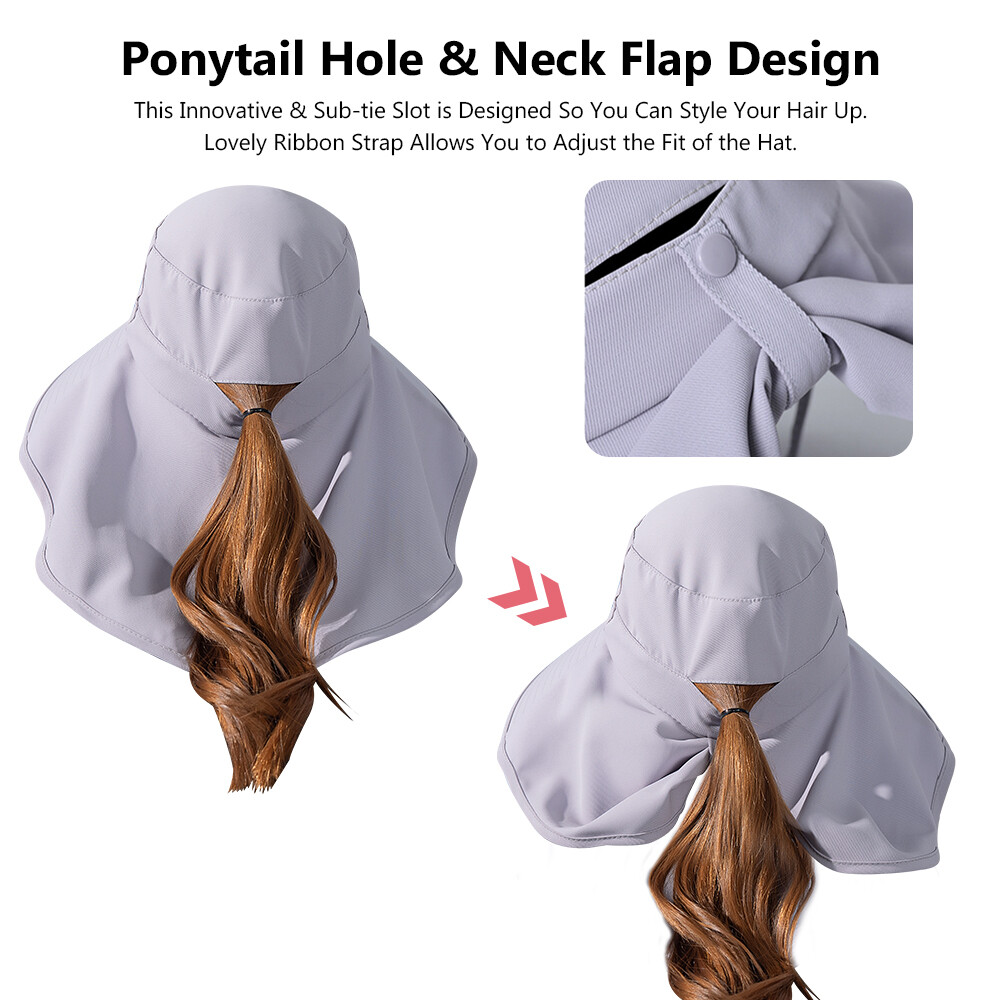 Wide Brim Sun Hat UV Protection Neck Cover Flap Women Ponytail Outdoor Beach Cap
