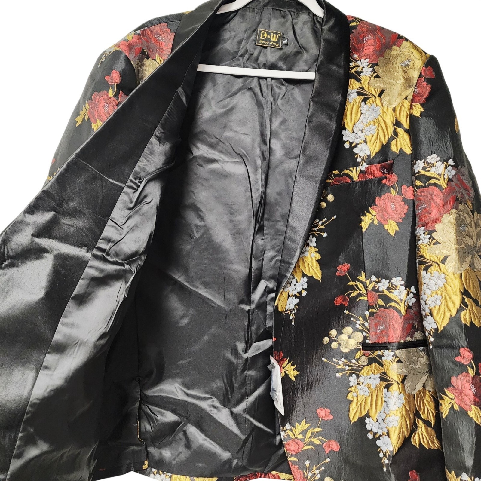 Barry.Wang Mens Floral Print Tuxedo Jacket Blazer Black Red Gold Size XL