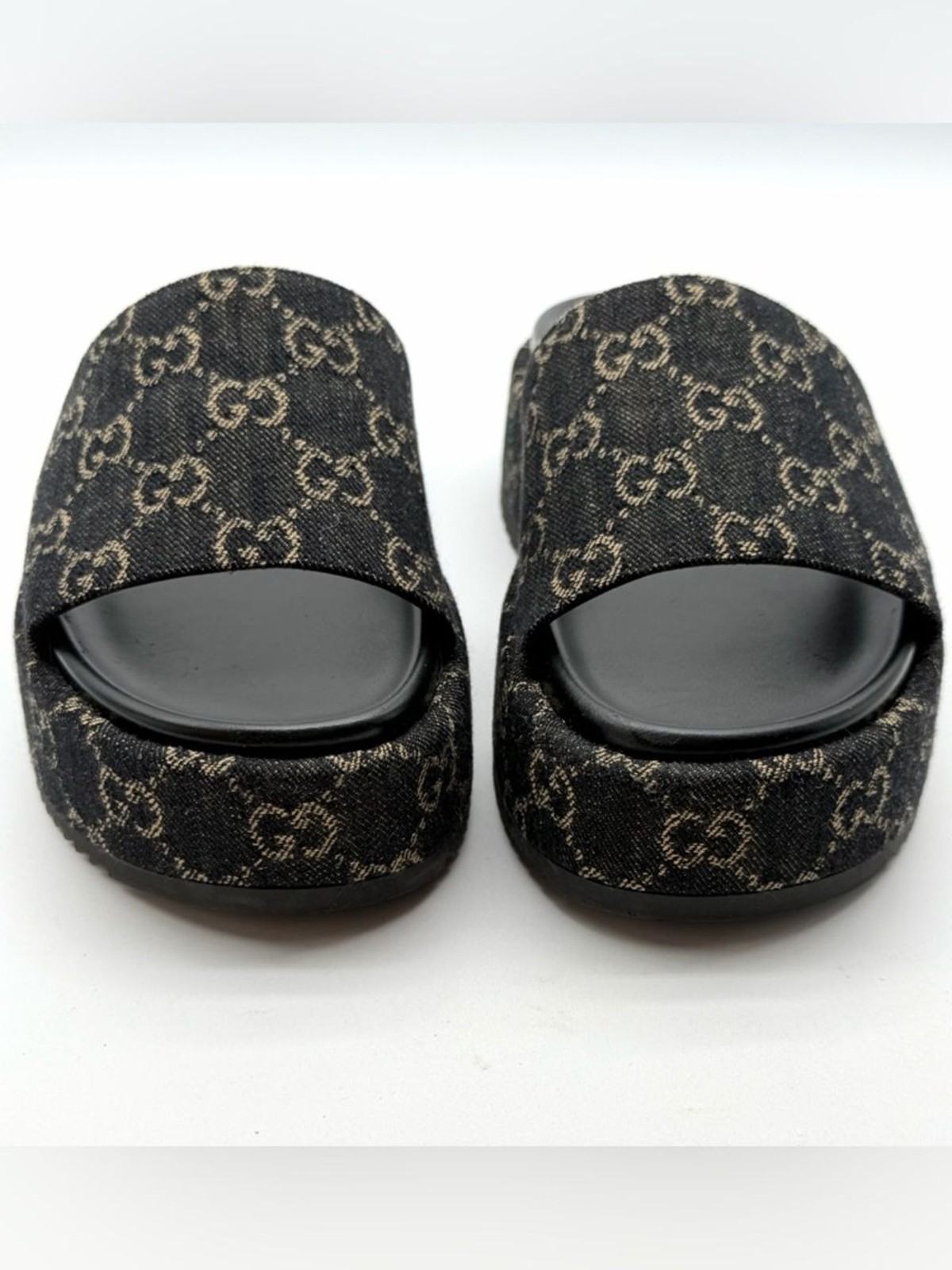 Gucci Angelina GG Monogram Platform in Black Denim Slide Sandals EU 39.5 US 9.5