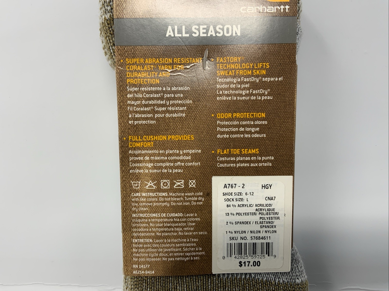 Carhartt A767-2 Steel Toe Acrylic Blend Boot Sock Grey L Shoe size 6-12 2-Pack