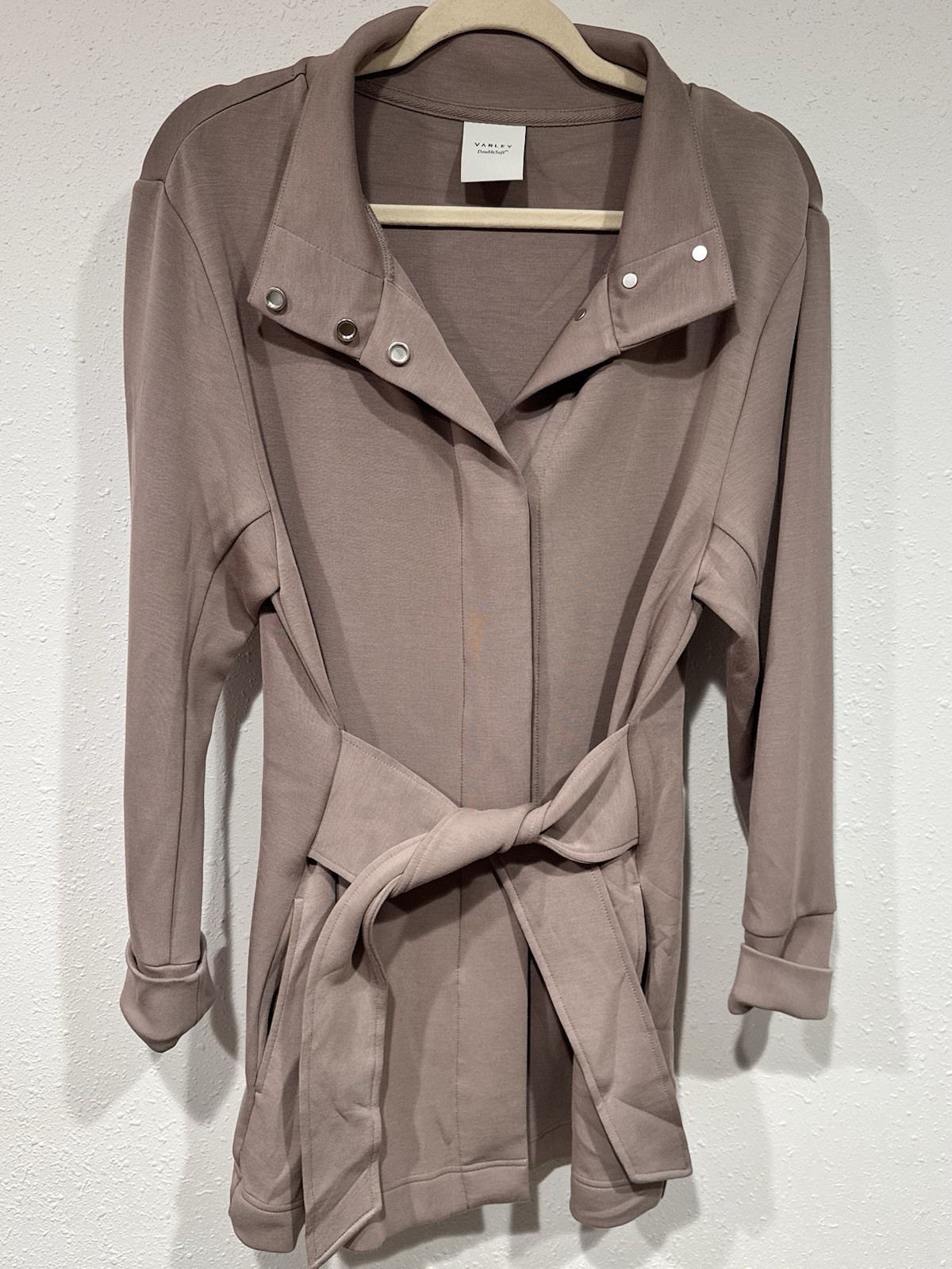 VARLEY Anset Jacket DoubleSoft Snap High Neck Belted Wrap Cardigan Mauve Taupe M