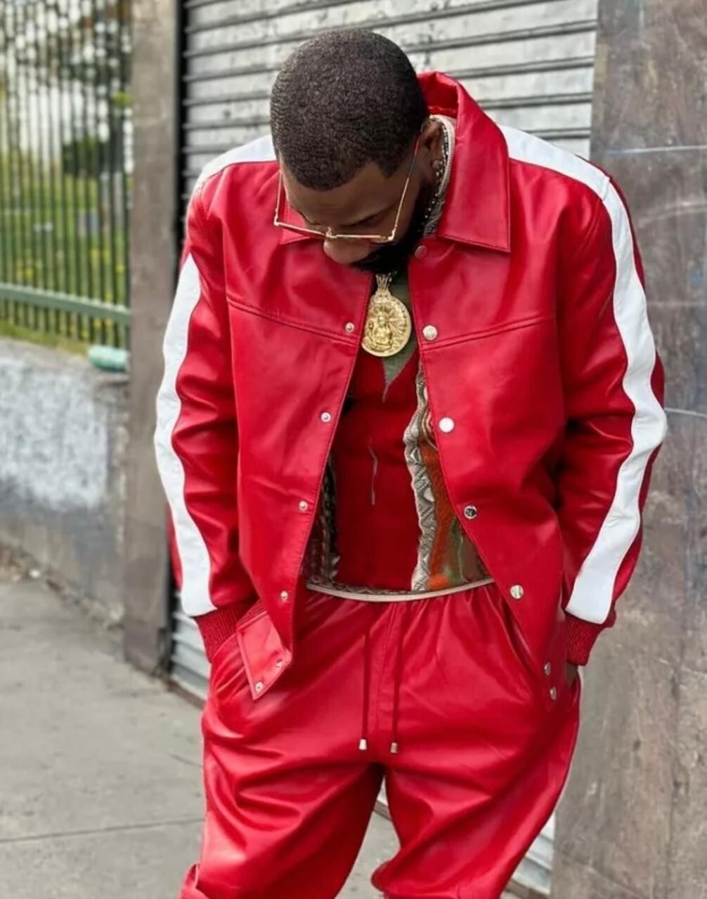 Men’s Brayden PU Leather Track Suit Sweatsuit Style Red/White