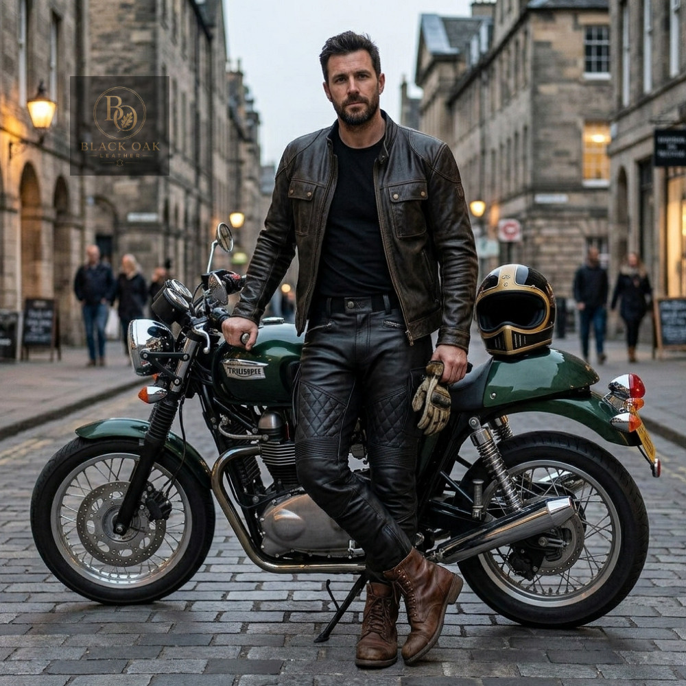 Men’s Black Genuine Leather Biker Pants Motorcycle Riding Western Trousers