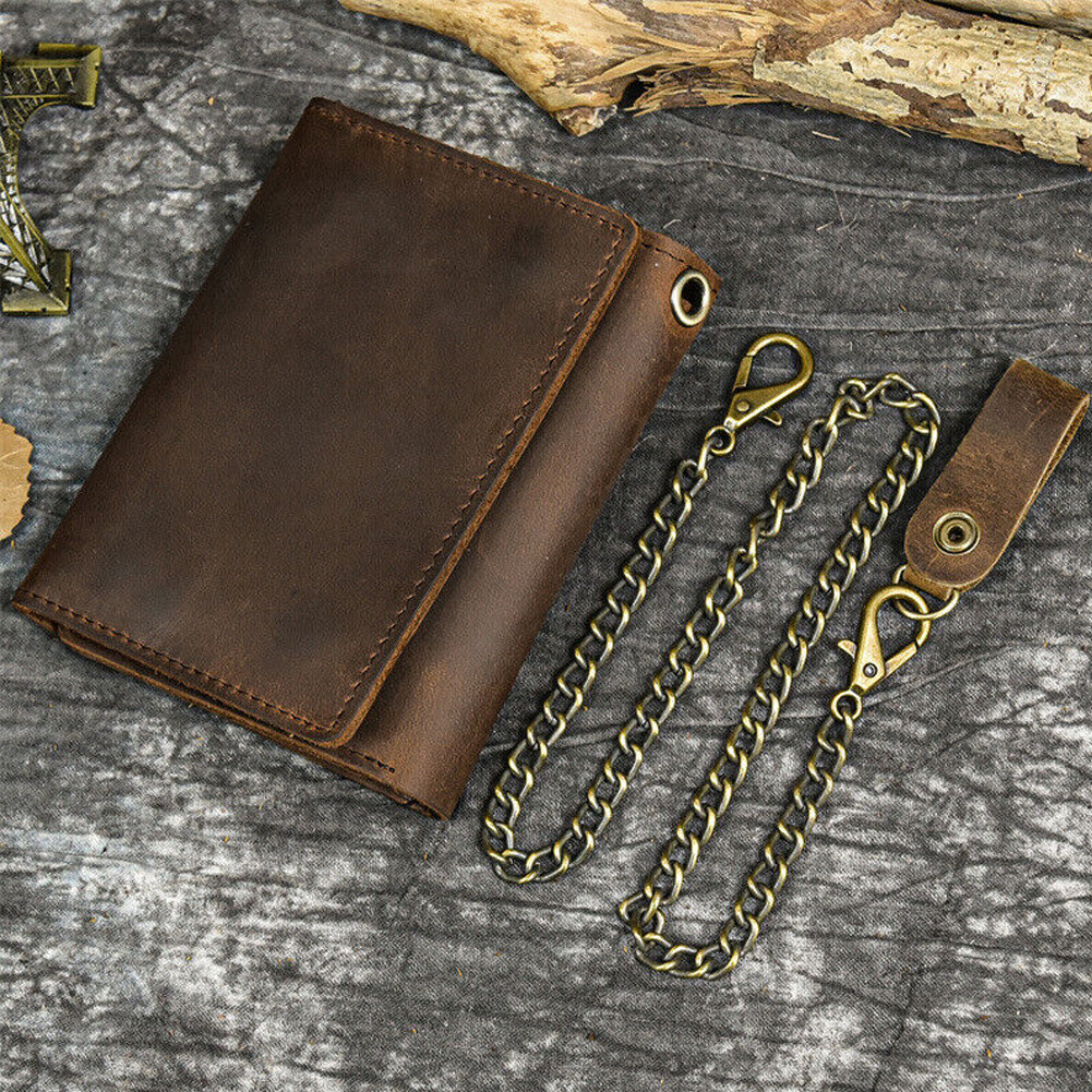 Men’s Tri-fold Vintage Leather Biker Chain wallet With snap Closur Zipper Purse#