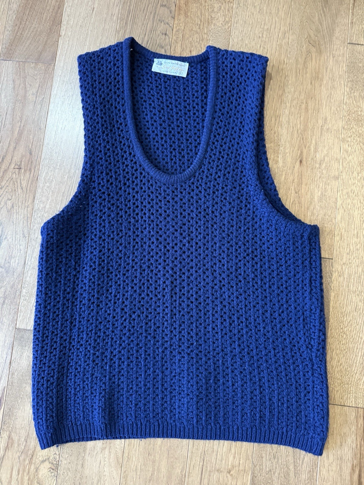 Archive Hand Knit Wool Vest Deep U Neck Indigo Minimalist Layering Piece L