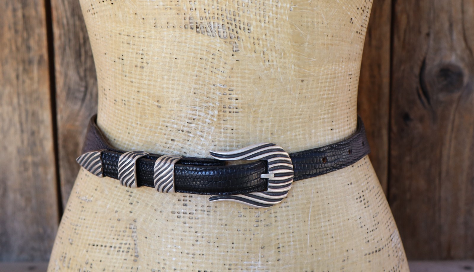 80s Chacon .925 Sterling Silver Ranger Buckle Black Lizard Belt Size 38
