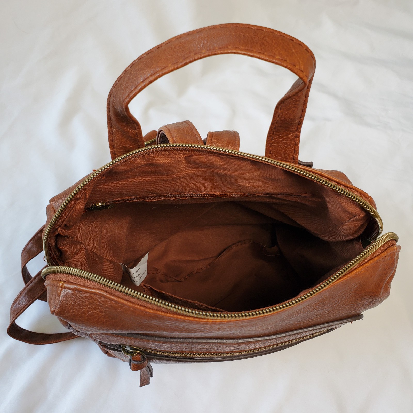 Brown Faux Leather Backpack – Not Branded – Zippers Adjustable Straps