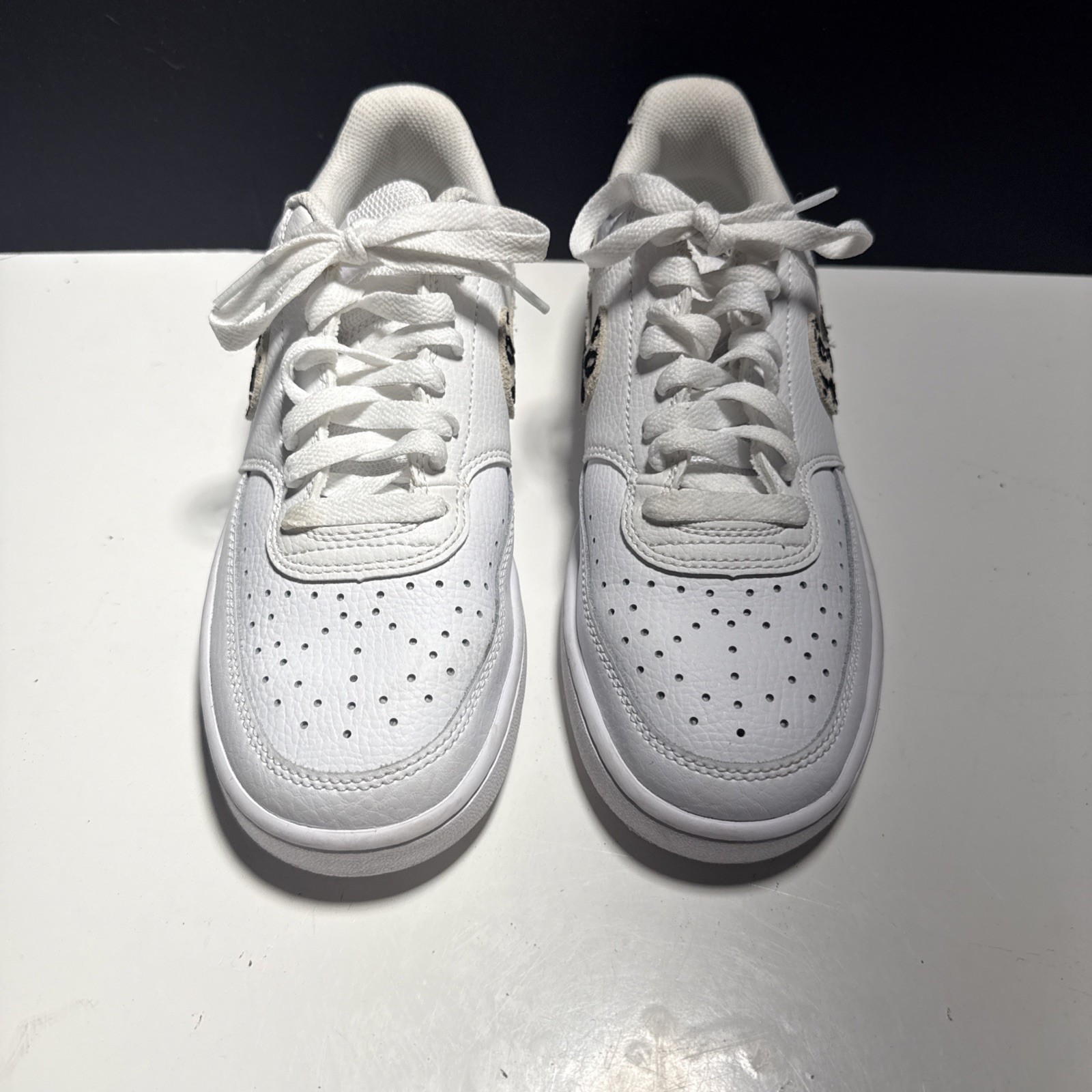 Size 7.5- Nike Court Vision Low Leopard Swoosh – White