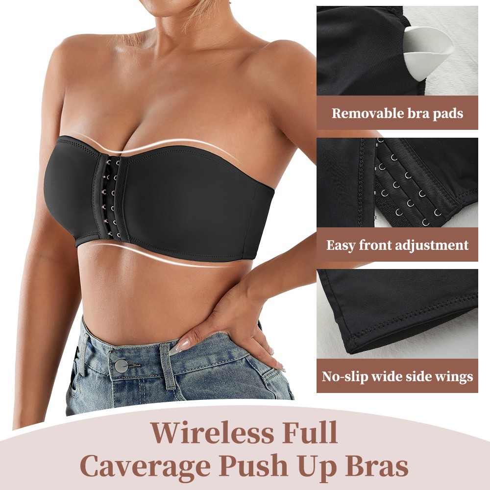 3 Pack Strapless Front Hook Bra Wireless Anti Slip Removable Pads Bandeau Bra