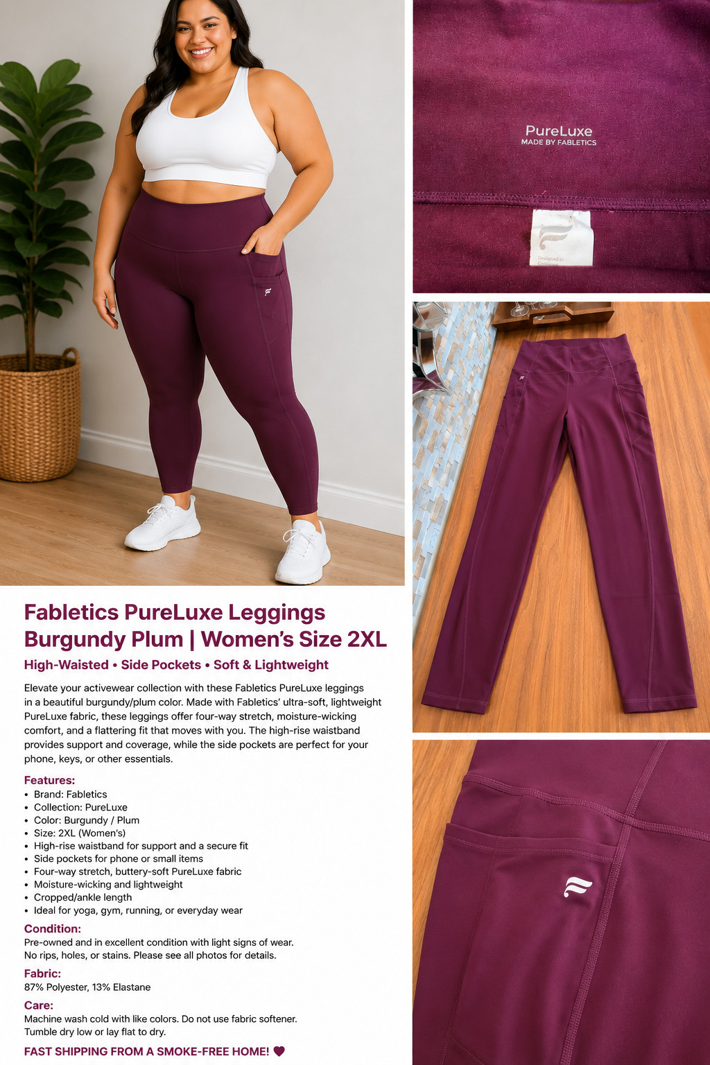 Fabletics PureLuxe High-Waisted Leggings – Burgundy Plum – Activewear