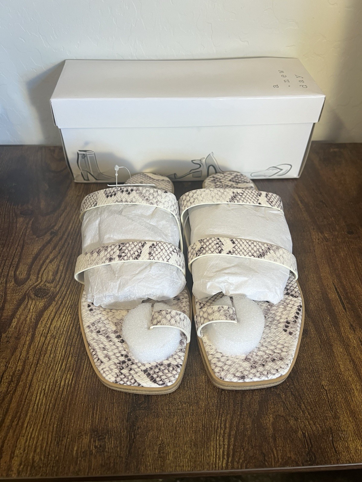 A New Day Women’s Snake Print Strappy Slip-On Slide Sandals Beige/Black 8