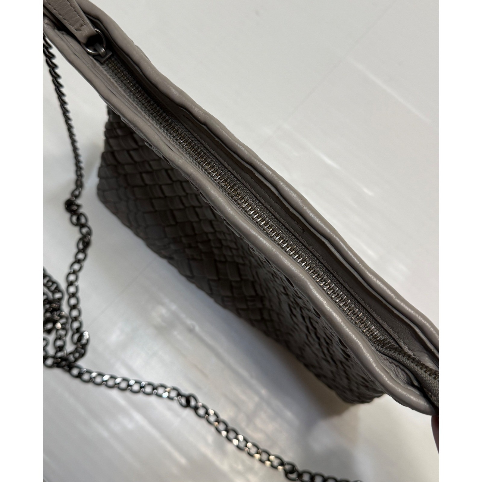 Falor Italia Woven Leather Crossbody Bag Grey Gunmetal Chain Made in Italy