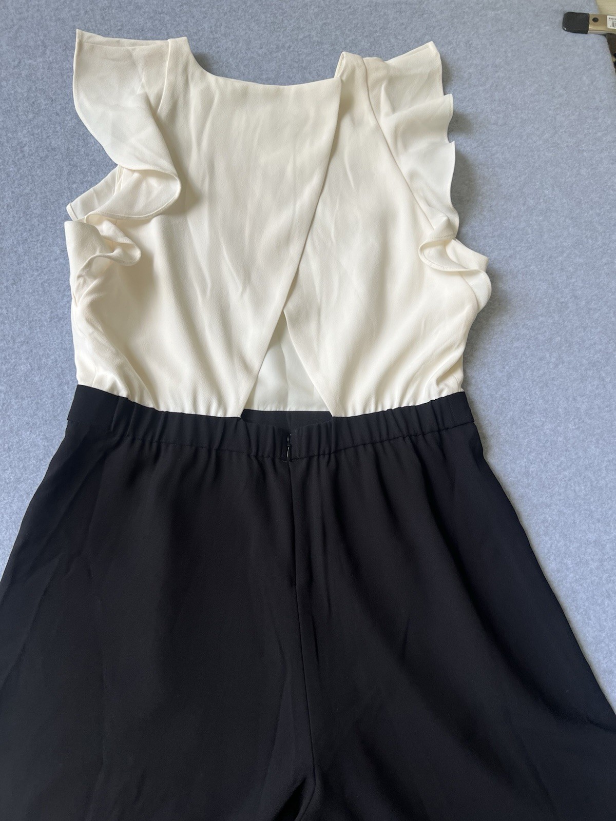 J.Crew Black/Ivory Solid Ruffle Sleeveless Wide-Leg Jumpsuit 10 Elastic