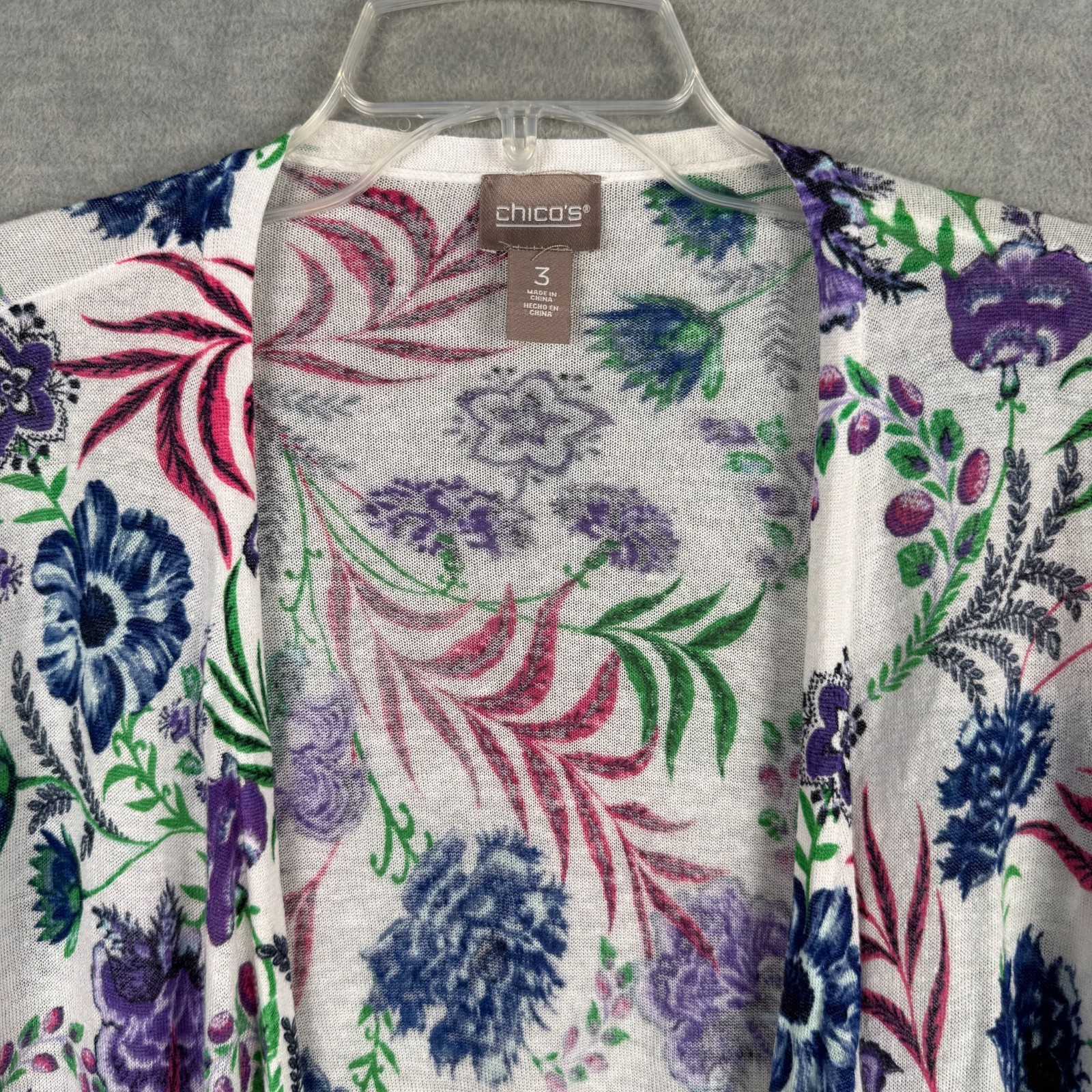 Chico’s 3 XL Lightweight Open Cardigan Ramie Rayon White Floral Tie Front