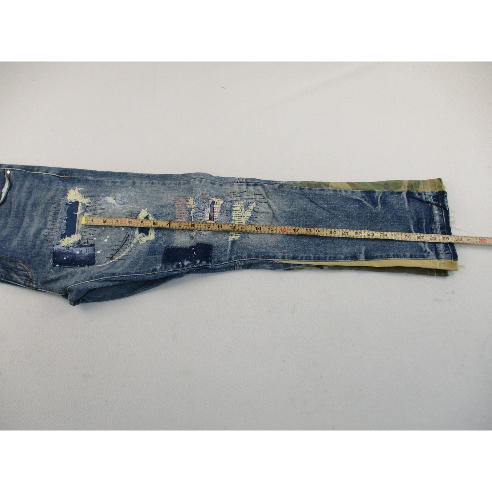 First Row Jeans Mens 36 Blue Slim Straight Distressed Patchwork Camo Utility