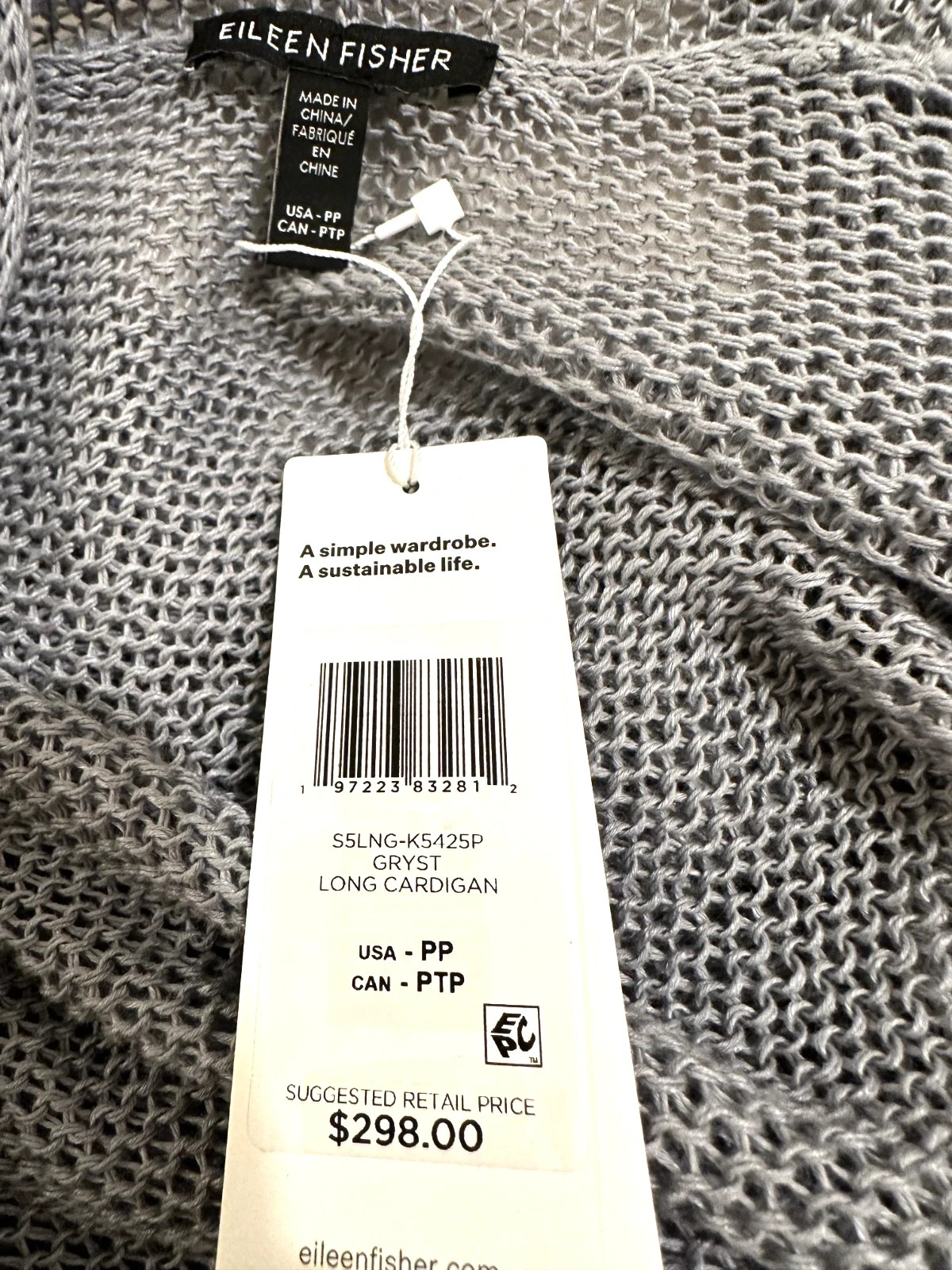 NWT $298 Eileen Fisher Organic Linen Cotton Cord Long Cardigan PP Greystone