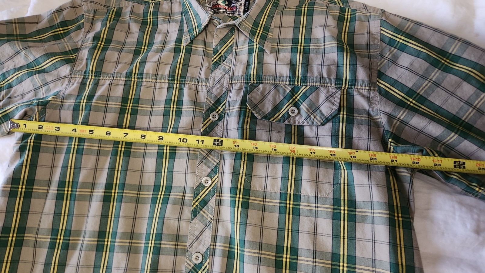 Mossy Oak Men’s L Plaid Cotton Button-Up Shirt Green Yellow Beige Short Sleeve
