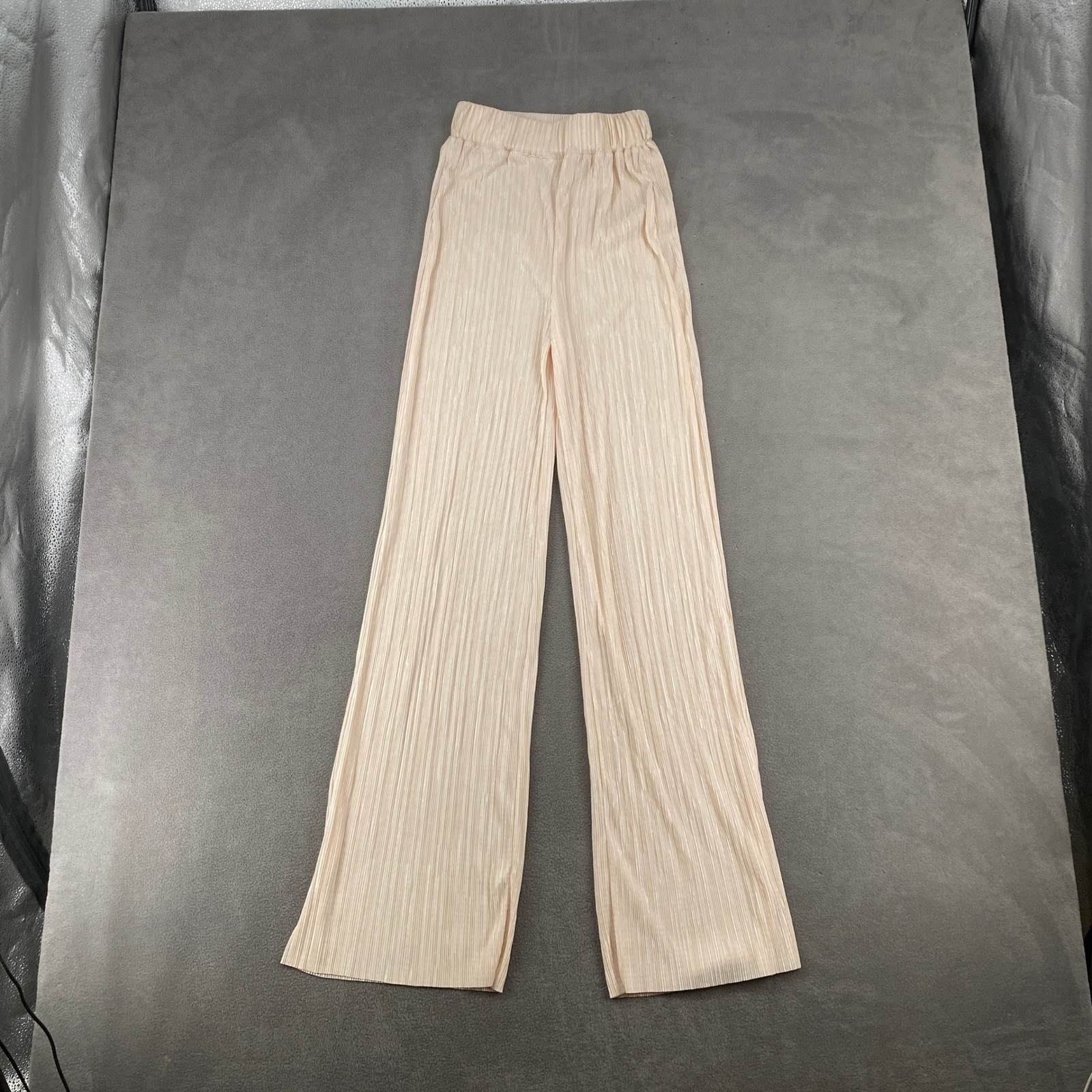 Missguided Champagne Cream Plisse Pleated Wide Leg High Waisted Pants US 0