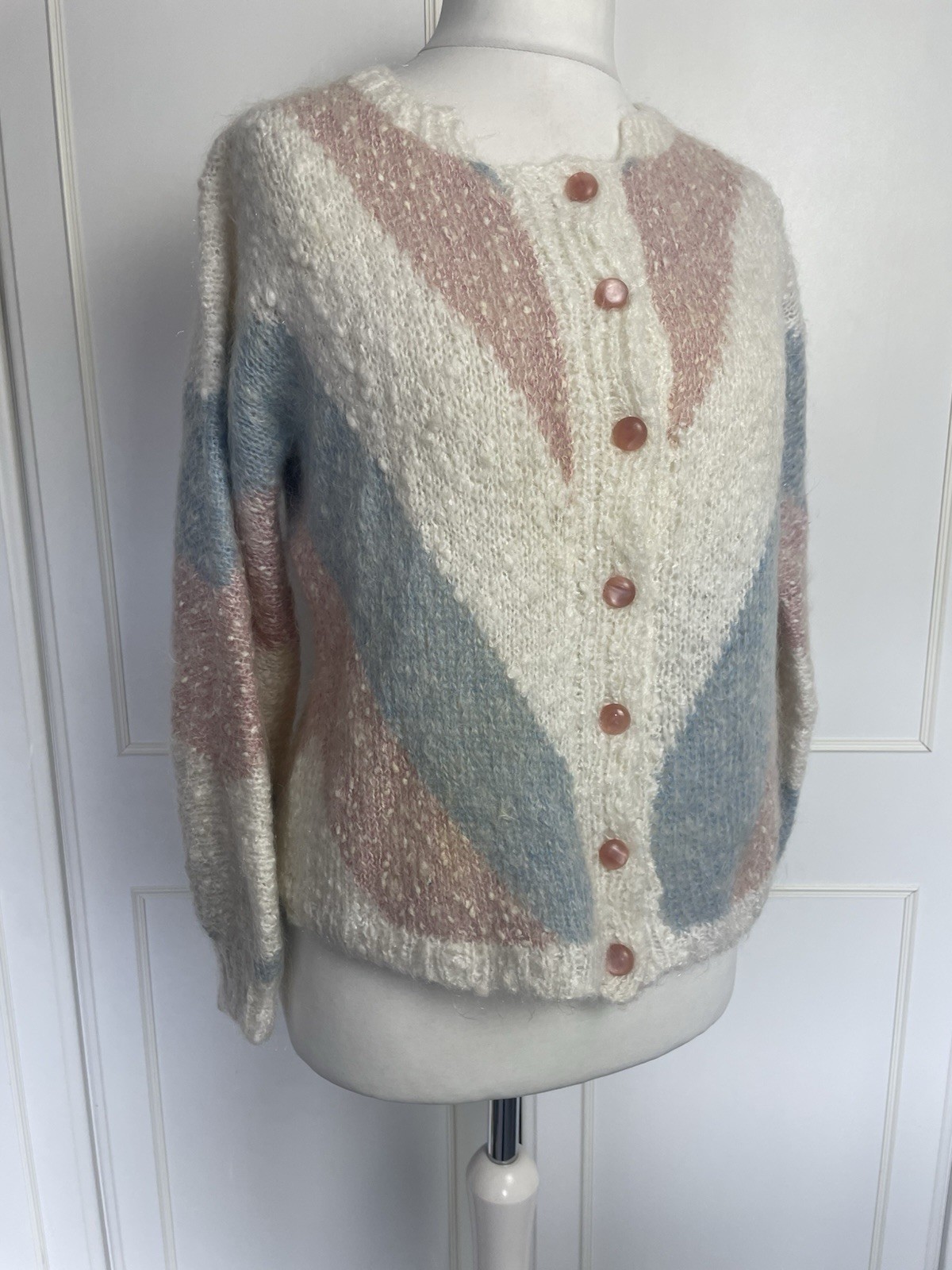 Hand Knitted Women’s Cardigan Size UK 12 Ivory Pink Blue Cottagecore Knit