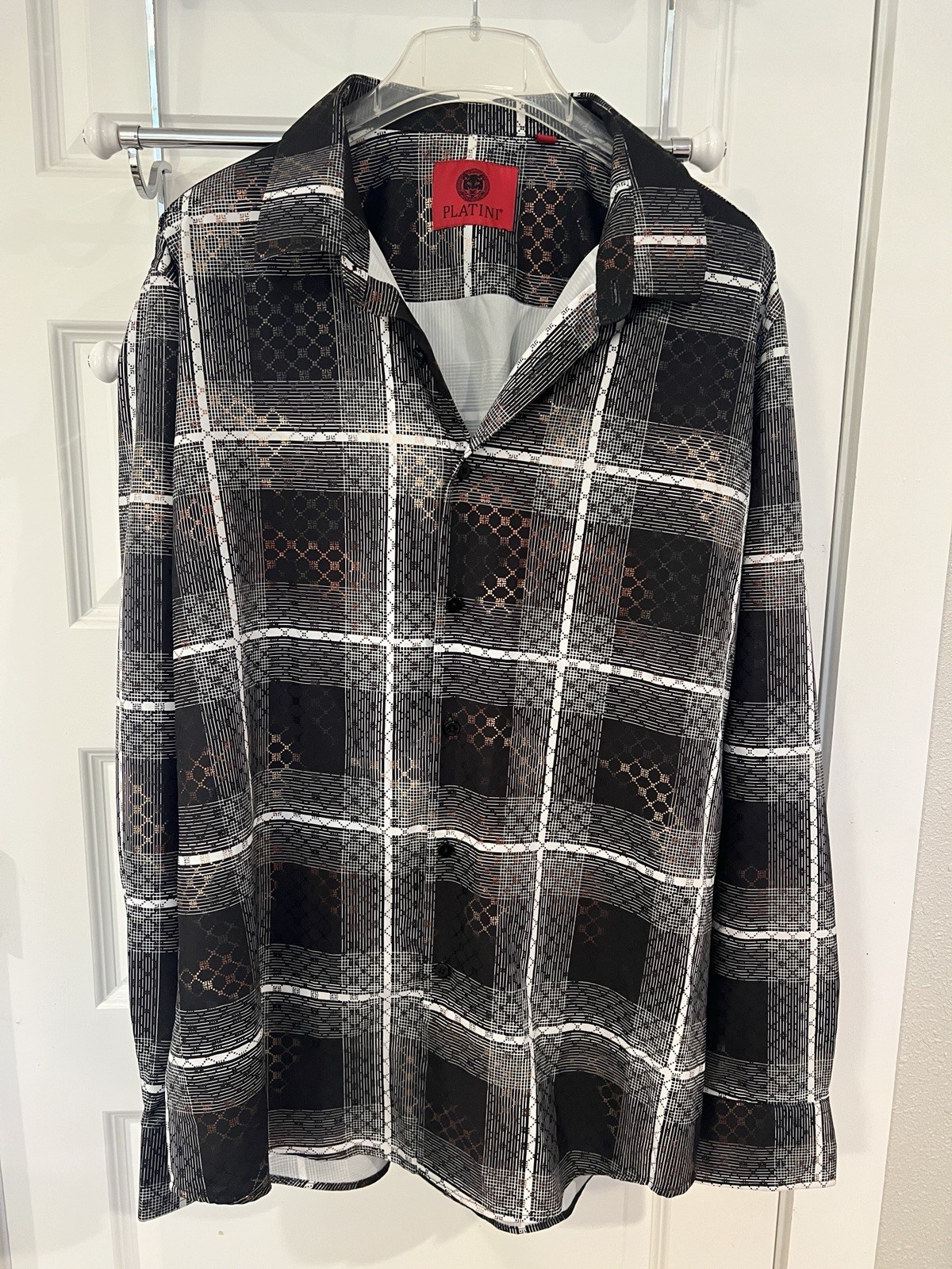 Platini Men’s 2XL Check Button-Up Shirt Long Sleeve Stretch Black White Gold