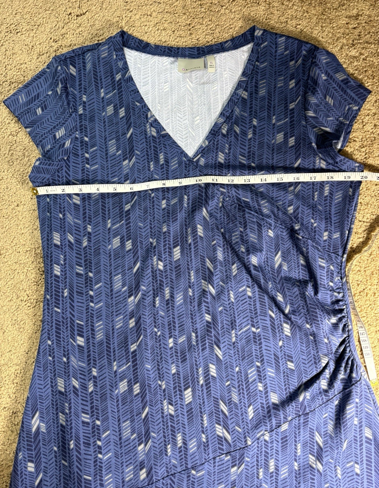 Athleta Nectar Faux Wrap Midi Dress Women XL Geometric Blue Pattern V-Neck