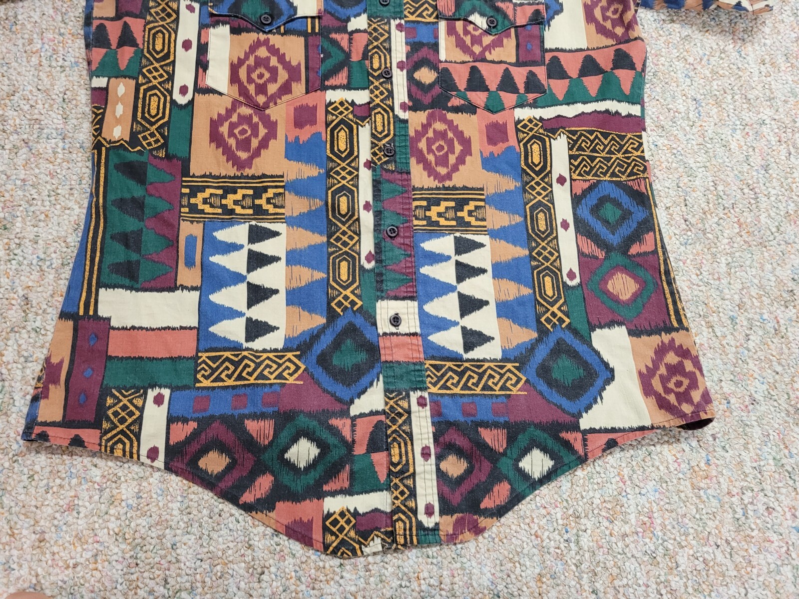 Plainsman Aztec Western Shirt Men Large Multicolor Tribal Geometric Short Sleeve