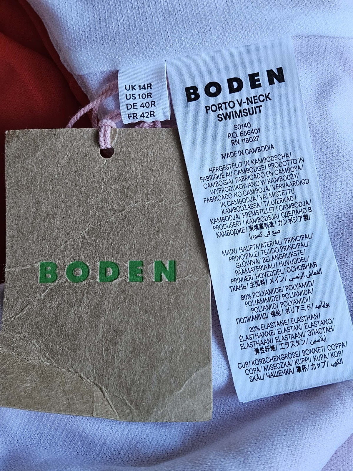 Boden Porto Swimsuit Size 18 Fire Red Non Wired Padded Deep Plunge V-Neck New