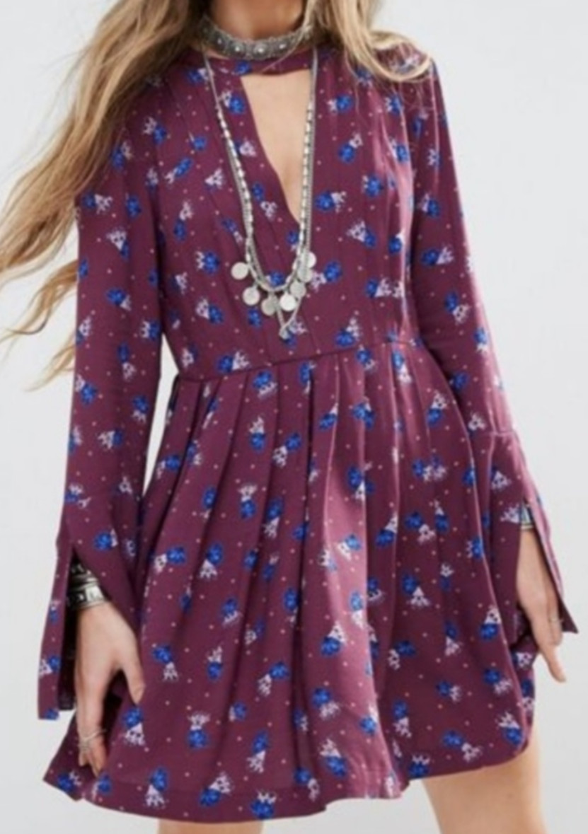 Free People Tegan Mini Dress Size 8 Bell Sleeve Purple Blue Floral Boho Babydoll