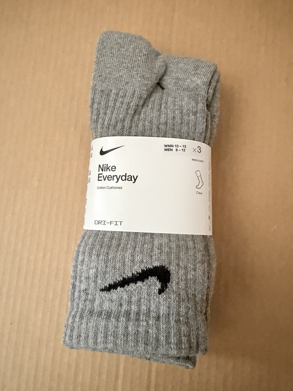 Nike Everyday Cotton Cushioned Dri- Fit Crew Socks 3 Pairs Gray Size L (8-12)