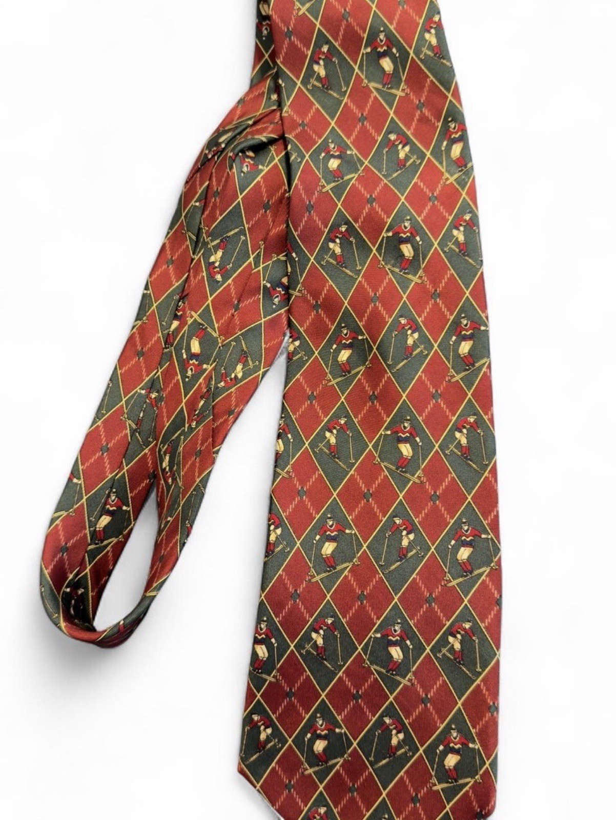 Tommy Hilfiger 100% Silk Tie Downhill Alpine Ski Skier Plaid Preppy Burgundy