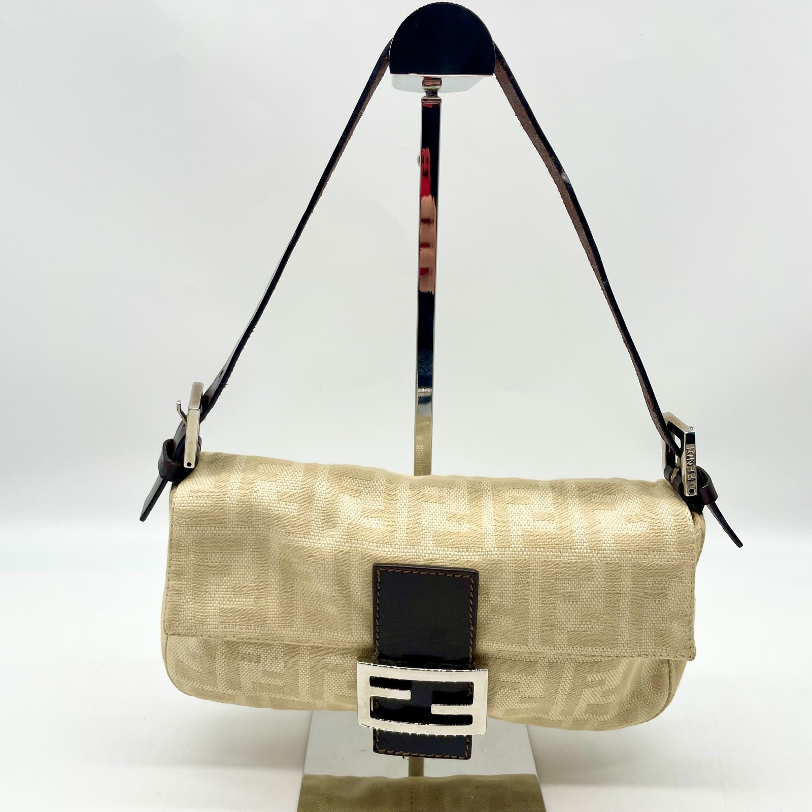 FENDI Shoulder bag Mamma Baguette Zucca FF logo Handbag Leather Canvas Auth