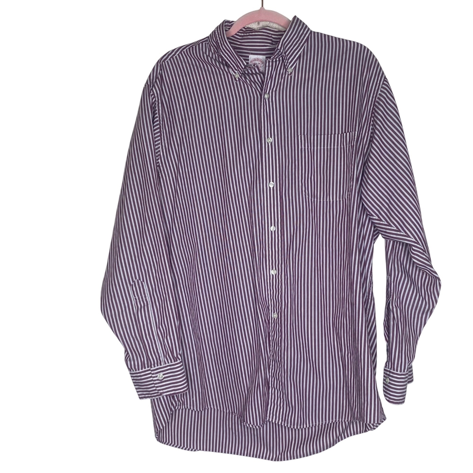 Brooks Brothers Dress Shirt Mens 16.5/34 Purple White Striped Button-Up