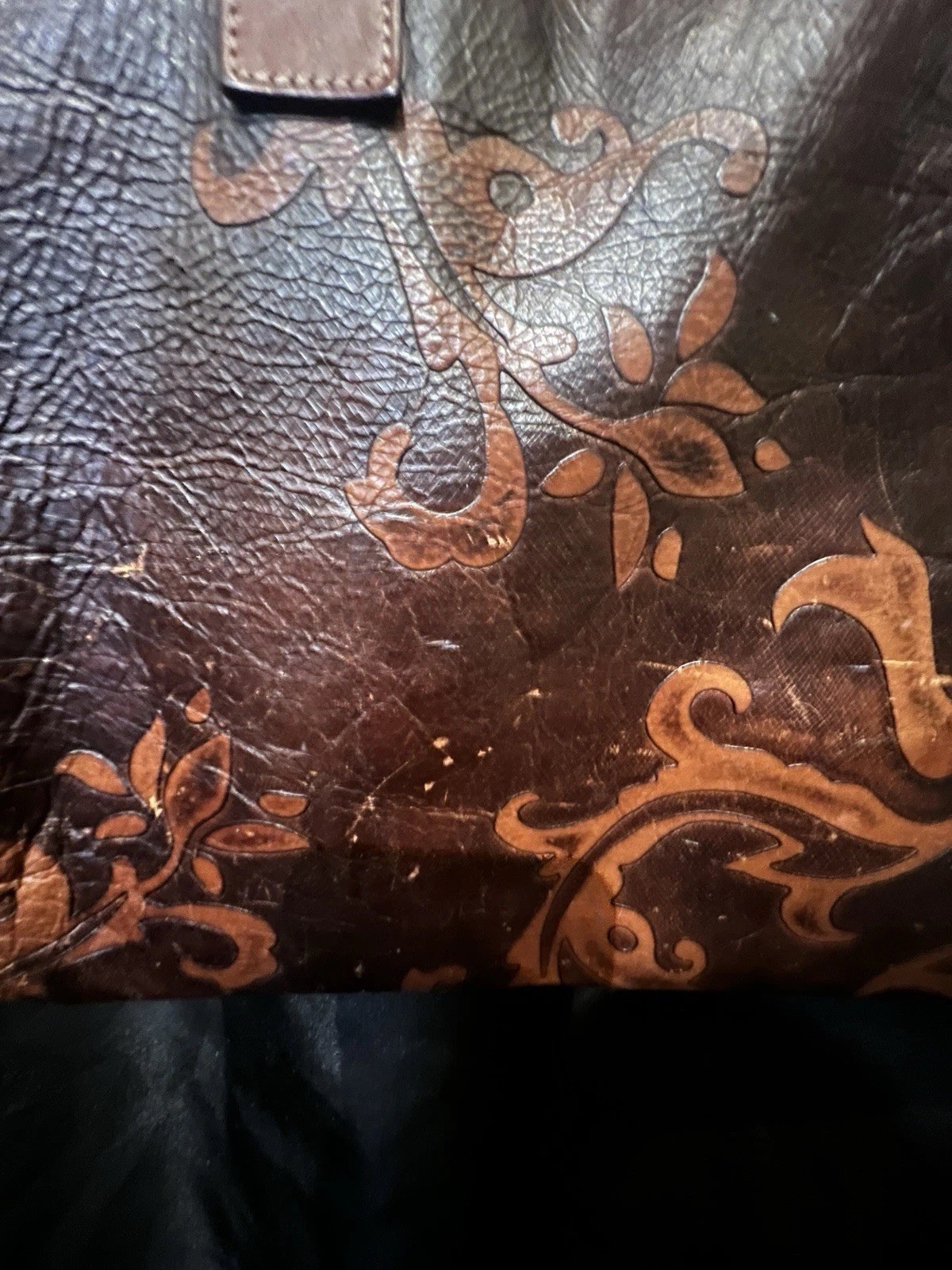 Falor Le Borse Leather Tote Tooled Embossed Brown Purse Bag Made in Italy 16×11