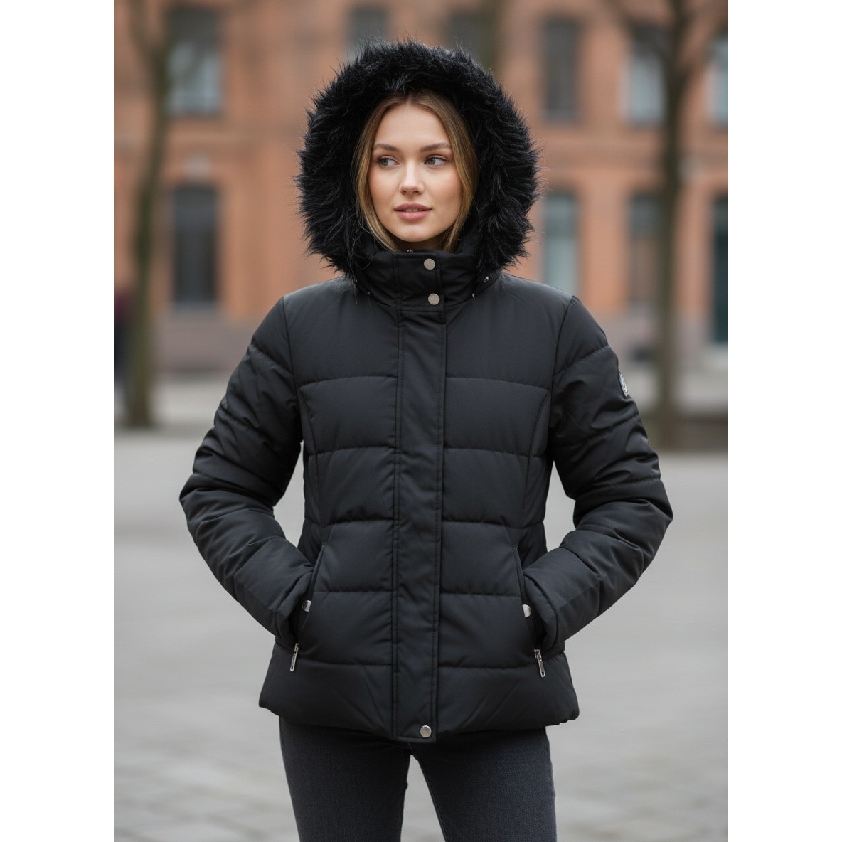 Black Faux Fur Trim Hooded Puffer Jacket Quilted Winter Coat Zip Up Women Small