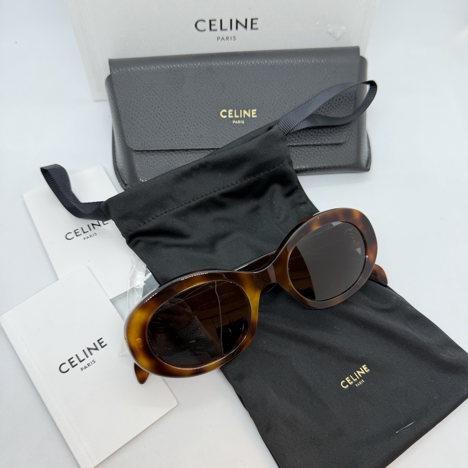 CELINE Triomphe women’s oval sunglasses + hard case +bag 52mm CL40194U Tortoise