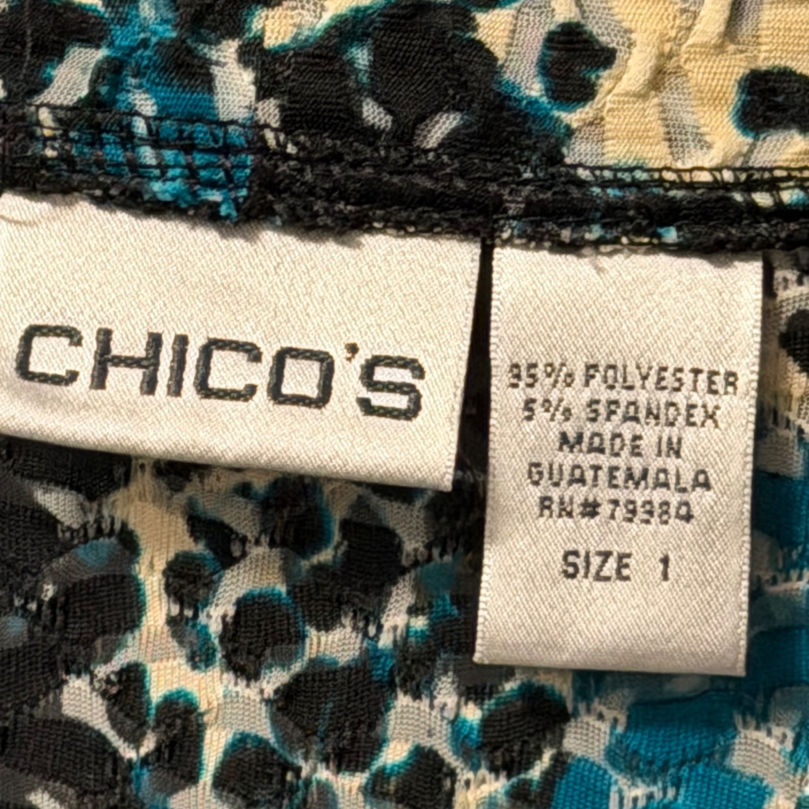 Chicos Open Front Cardigan Jacket Sz M Black Blue Beige Abstract Print