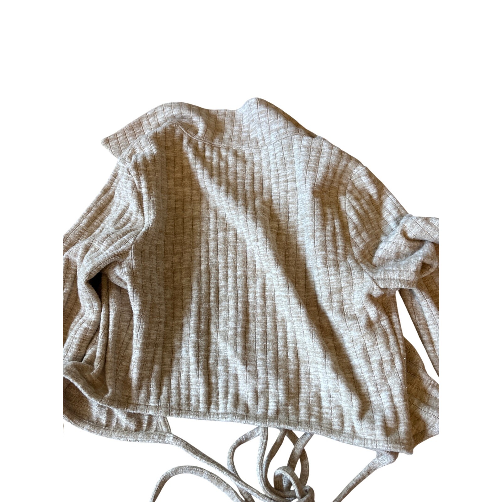 NA-KD Beige Ribbed Knit Wrap Crop Top Long Sleeve Collared Size S