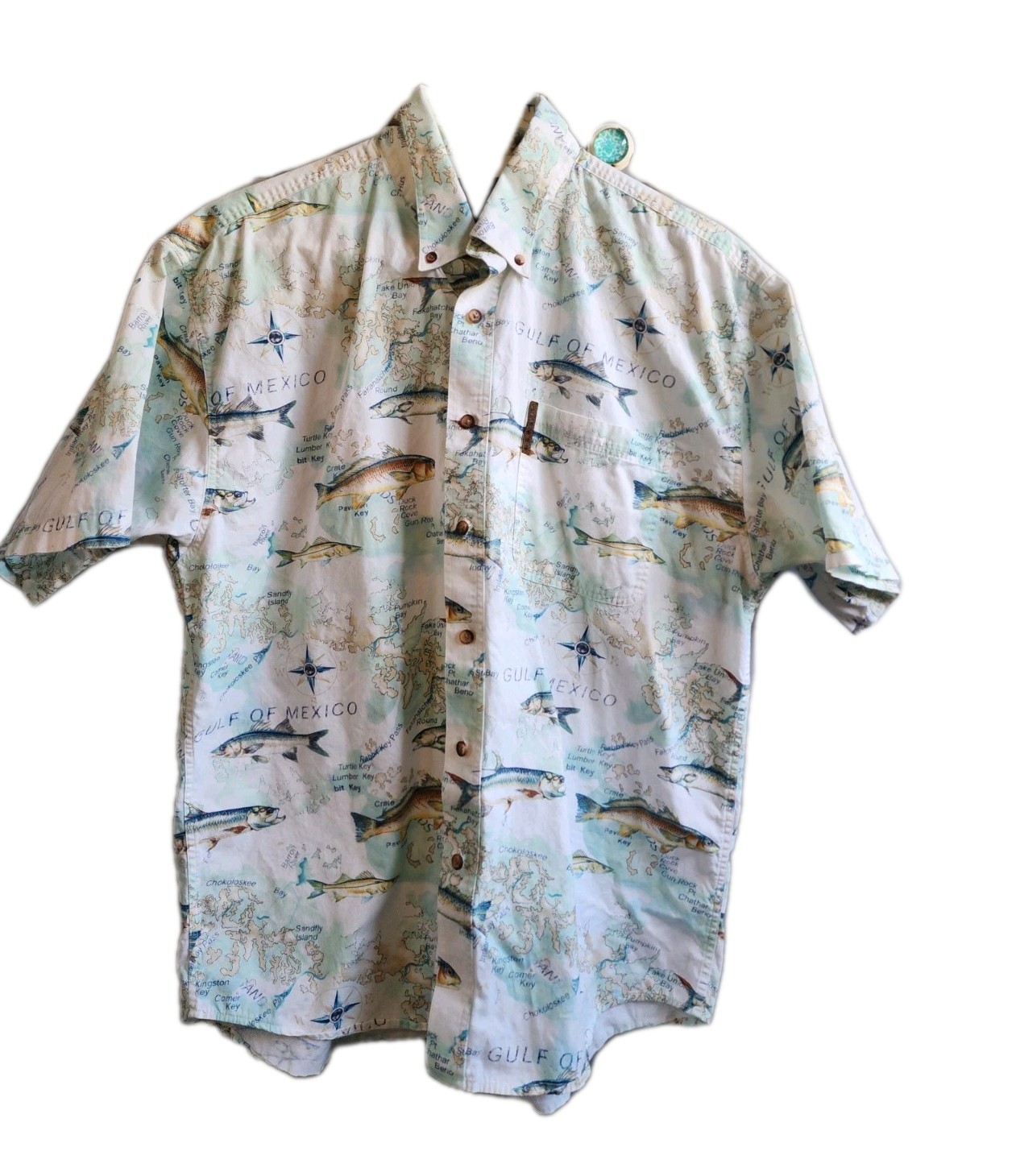 Clearwater Mens Button up Large Fish Gulf Of Mexico Tropical 100% Cotton
