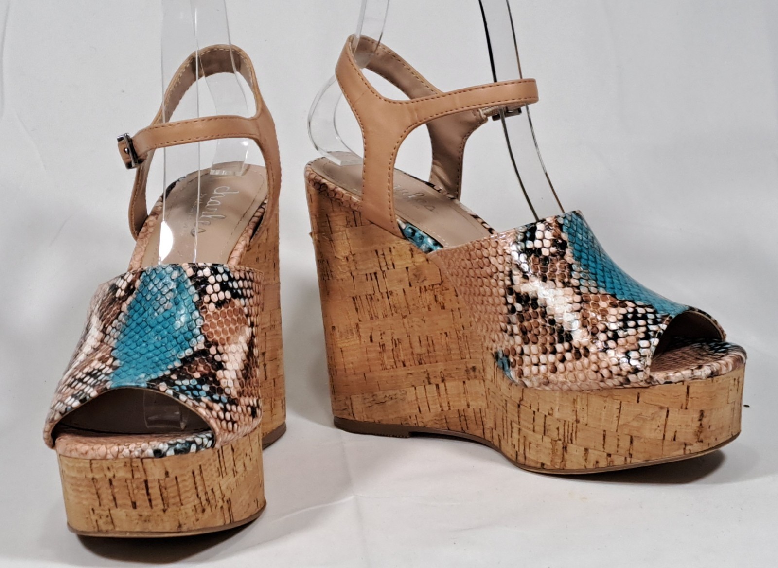 Charles by Charles David Snakeskin Cork Wedge Sandals Turquoise Tan Womens 6.5M