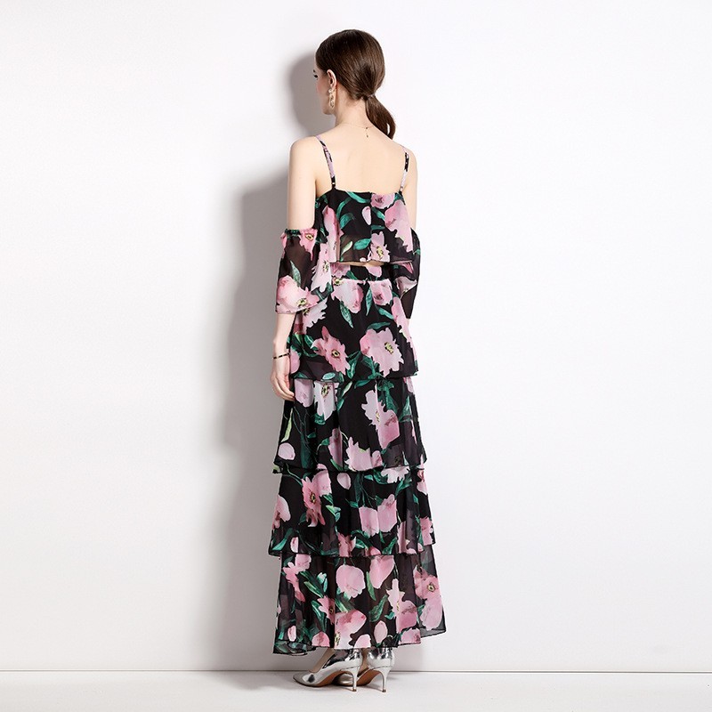 Women’s Boho Floral 2 Piece Set Off Shoulder Crop Top Tiered Maxi Skirt Vacation