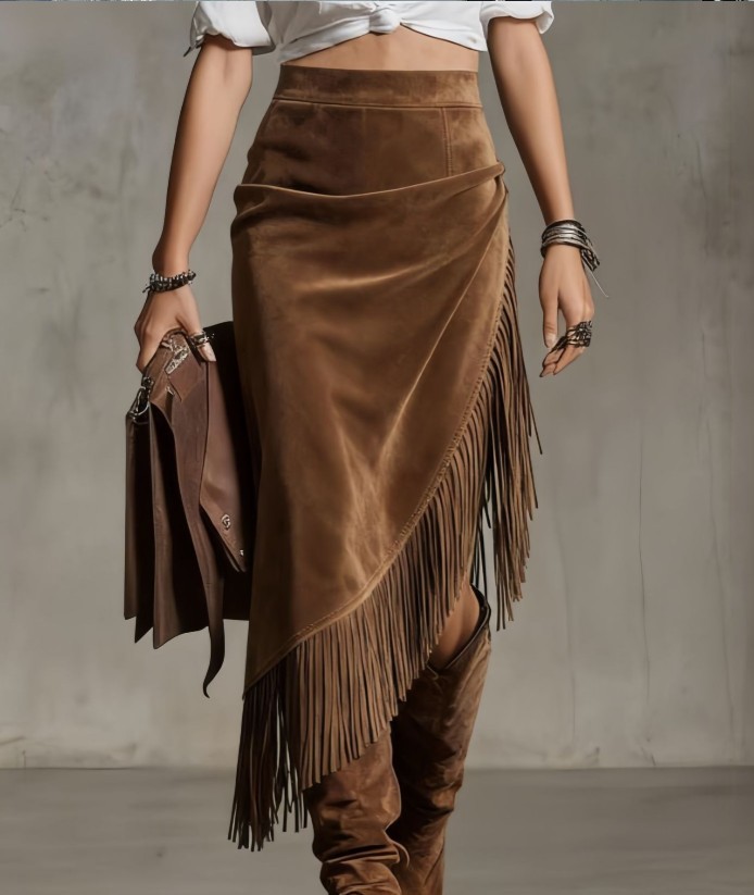 Women’s Western Fringe Suede Asymmetrical Midi Skirt Casual Party Brown