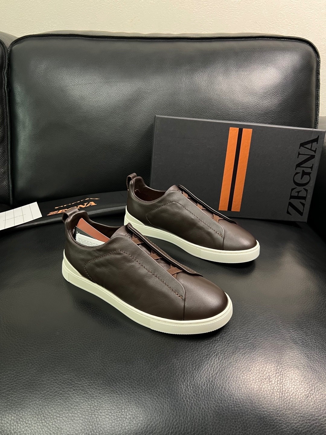 Men Zegna Smooth Dark Brown Triple Stitch Calf Leather Sneakers Slip On Trainers